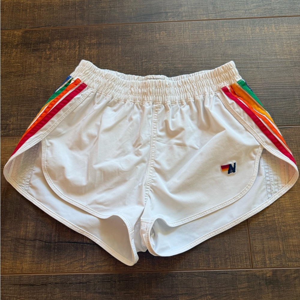 BRAND NEW!  Aviator Nation. White Women's Shorts with Rainbow Stripes
